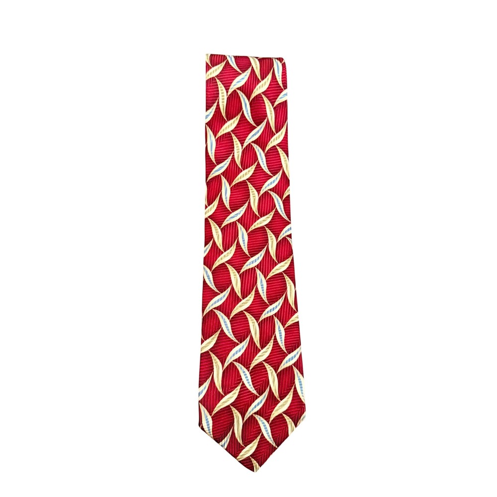 XMI 325 Series Mens 100% Silk Necktie Red Gold Geometric Leaf Handmade USA